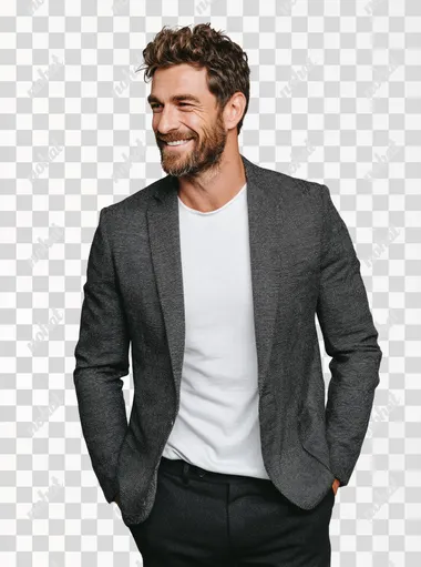 Front view shot of happy 37 year old mature male businessman looking in 3/4 view happy standing confident on light grey background, wearing gray color blazer with crew neck white t-shirt inside and dark gray formal pant, detailed facial texture, dark hair and black well groomed (3mm) beard, studio lighting, business magazine photography