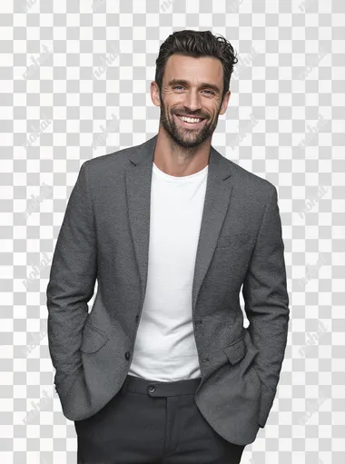 Front view shot of happy 37 year old mature male businessman looking in 3/4 view happy standing confident on light grey background, wearing gray color blazer with crew neck white t-shirt inside and dark gray formal pant, detailed facial texture, dark hair and black well groomed (3mm) beard, studio lighting, business magazine photography