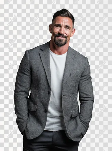 Front view shot of happy 37 year old mature male businessman looking in 3/4 view happy standing confident on light grey background, wearing gray color blazer with crew neck white t-shirt inside and dark gray formal pant, detailed facial texture, dark hair and black well groomed (3mm) beard, studio lighting, business magazine photography