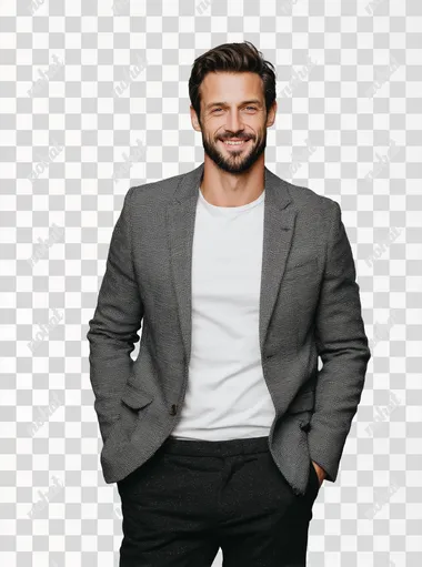 Front view shot of happy 37 year old mature male businessman looking in 3/4 view happy standing confident on light grey background, wearing gray color blazer with crew neck white t-shirt inside and dark gray formal pant, detailed facial texture, dark hair and black well groomed (3mm) beard, studio lighting, business magazine photography