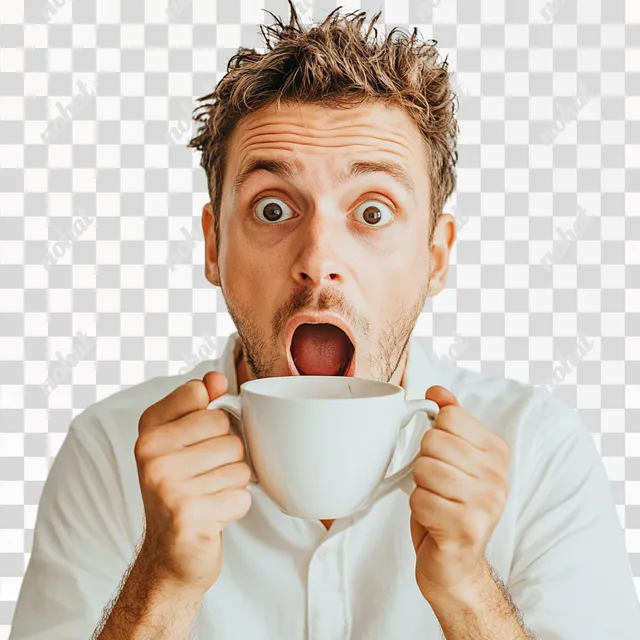 a man holding a cup of coffee with his mouth wide open