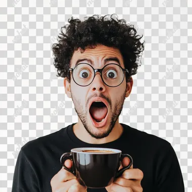 person with coffee making a mouth open surprise face like a viral youtube thumbnail on isolated white background