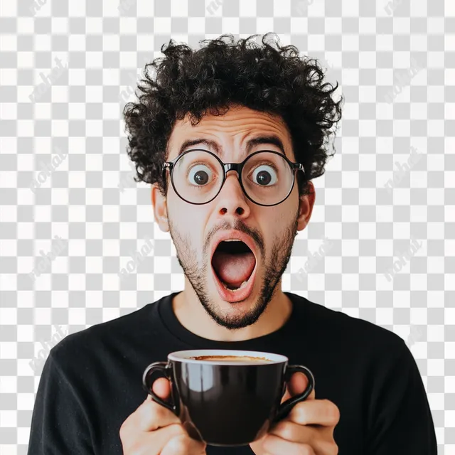 a man holding a coffee cup with his mouth open