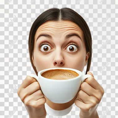 person with coffee making a mouth open surprise face like a viral youtube thumbnail on isolated white background