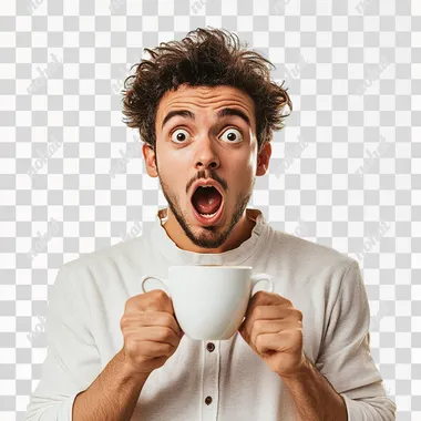 person with coffee making a mouth open surprise face like a viral youtube thumbnail on isolated white background