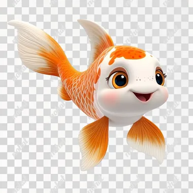 Cute cartoon koi fish, white background, in the style of Disney, in the style of Pixar animation, character design, detailed facial features, floating gracefully, full-body shot, 3D rendering, studio lighting, high resolution.
