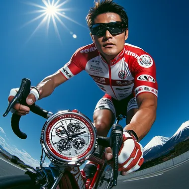 a sport watch advertising poster, A japan male model on a bicycle wearing a red and white jersey, with a silver, the poster mainly focus on a super close up of a giant sport watch on his wrist in the centre position of the poster. wearing sunglasses, against a fuji mountain background. The shot is taken from a super fish-eye wide angle lens with bigger perspective view, in the style of sports photography, using a professional sports camera and lighting, resulting in a high-resolution, highly detailed, hyper-realistic image.