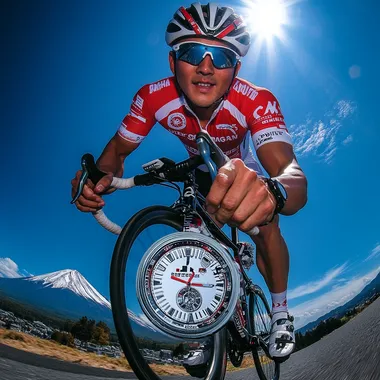 a sport watch advertising poster, A japan male model on a bicycle wearing a red and white jersey, with a silver, the poster mainly focus on a super close up of a giant sport watch on his wrist in the centre position of the poster. wearing sunglasses, against a fuji mountain background. The shot is taken from a super fish-eye wide angle lens with bigger perspective view, in the style of sports photography, using a professional sports camera and lighting, resulting in a high-resolution, highly detailed, hyper-realistic image.