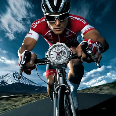 a sport watch advertising poster, A japan male model on a bicycle wearing a red and white jersey, with a silver, the poster mainly focus on a super close up of a giant sport watch on his wrist in the centre position of the poster. wearing sunglasses, against a fuji mountain background. The shot is taken from a super fish-eye wide angle lens with bigger perspective view, in the style of sports photography, using a professional sports camera and lighting, resulting in a high-resolution, highly detailed, hyper-realistic image.