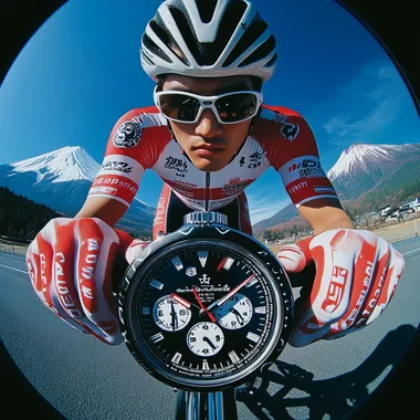 a sport watch advertising poster, A japan male model on a bicycle wearing a red and white jersey, with a silver, the poster mainly focus on a super close up of a giant sport watch on his wrist in the centre position of the poster. wearing sunglasses, against a fuji mountain background. The shot is taken from a super fish-eye wide angle lens with bigger perspective view, in the style of sports photography, using a professional sports camera and lighting, resulting in a high-resolution, highly detailed, hyper-realistic image.