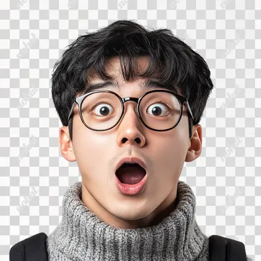 A Korean male college student wearing glasses with a surprised expression. Eyes wide, mouth open. Face zoomed in and highlighted, no background needed. --s 250