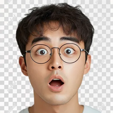 A Korean male college student wearing glasses with a surprised expression. Eyes wide, mouth open. Face zoomed in and highlighted, no background needed. --s 250