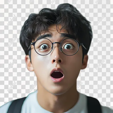 A Korean male college student wearing glasses with a surprised expression. Eyes wide, mouth open. Face zoomed in and highlighted, no background needed. --s 250