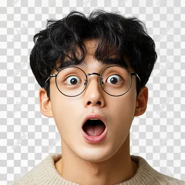 A Korean male college student wearing glasses with a surprised expression. Eyes wide, mouth open. Face zoomed in and highlighted, no background needed. --s 250