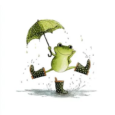 A happy green frog wearing rainboots and holding a polka-dot umbrella while jumping in a puddle. in the simple style of Amanda Letcher. white background.