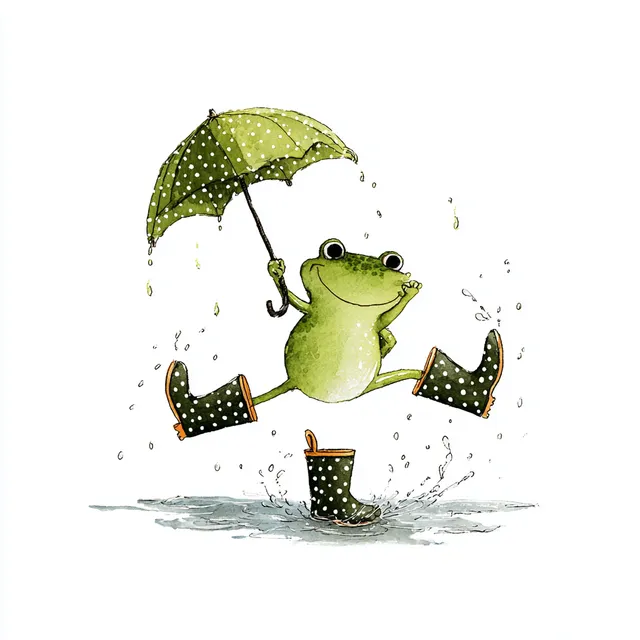 Joyful Frog in Rainboots with Umbrella