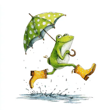A happy green frog wearing rainboots and holding a polka-dot umbrella while jumping in a puddle. in the simple style of Amanda Letcher. white background.