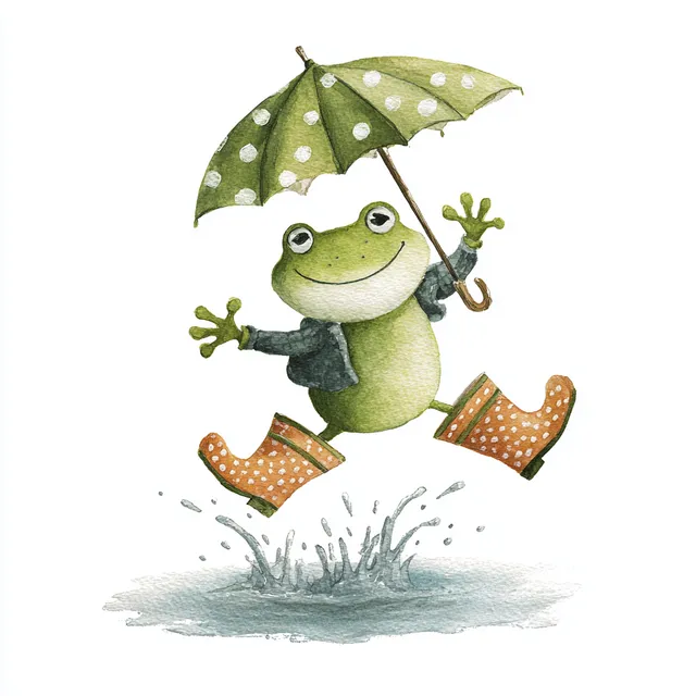 Happy Green Frog Jumping in Puddle with Umbrella