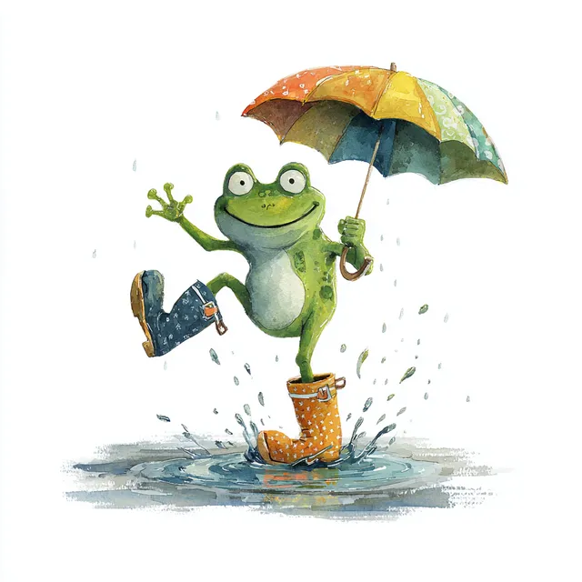Joyful Frog in Rainboots with Umbrella