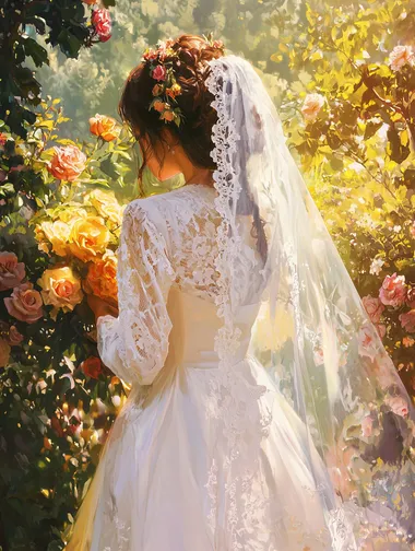 A beautiful woman in a sideways pose, an elegant back view. semi-transparent chiffonflowing gauze strategically draped Wearing a garland and holding a light veil, she gently sniffed the flowers among the rose bushes. In the bright sunshine, the entire garden was dominated by yellow. Titian Painting style workshigh detail, hyper quality,Bright colors,Rich colors