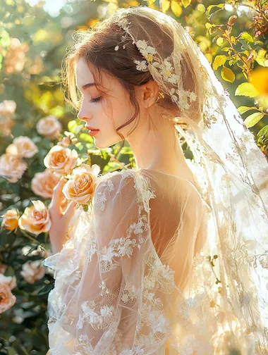 A beautiful woman in a sideways pose, an elegant back view. semi-transparent chiffonflowing gauze strategically draped Wearing a garland and holding a light veil, she gently sniffed the flowers among the rose bushes. In the bright sunshine, the entire garden was dominated by yellow. Titian Painting style workshigh detail, hyper quality,Bright colors,Rich colors