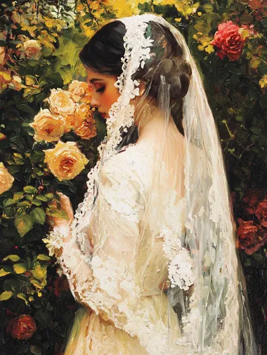 A beautiful woman in a sideways pose, an elegant back view. semi-transparent chiffonflowing gauze strategically draped Wearing a garland and holding a light veil, she gently sniffed the flowers among the rose bushes. In the bright sunshine, the entire garden was dominated by yellow. Titian Painting style workshigh detail, hyper quality,Bright colors,Rich colors