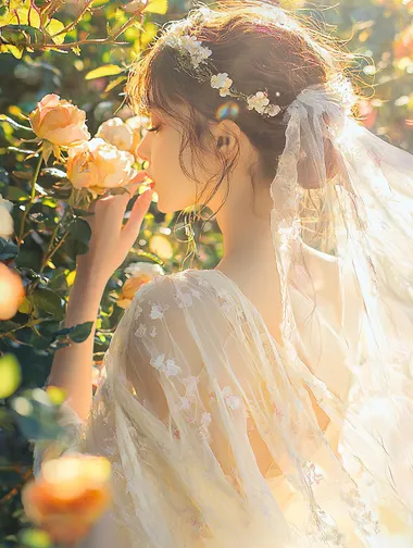 A beautiful woman in a sideways pose, an elegant back view. semi-transparent chiffonflowing gauze strategically draped Wearing a garland and holding a light veil, she gently sniffed the flowers among the rose bushes. In the bright sunshine, the entire garden was dominated by yellow. Titian Painting style workshigh detail, hyper quality,Bright colors,Rich colors