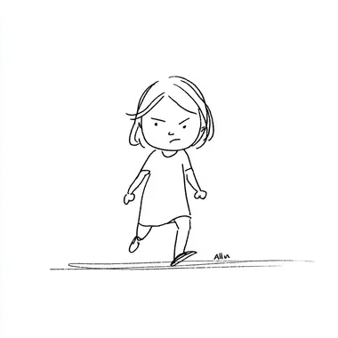 cute little girl with an angry expression, walking, anime style, soft pastel colors, chibi proportions, highly detailed, white background, crayon art style, textured lines, soft edges, playful and colorful rofile 5qf5vev
