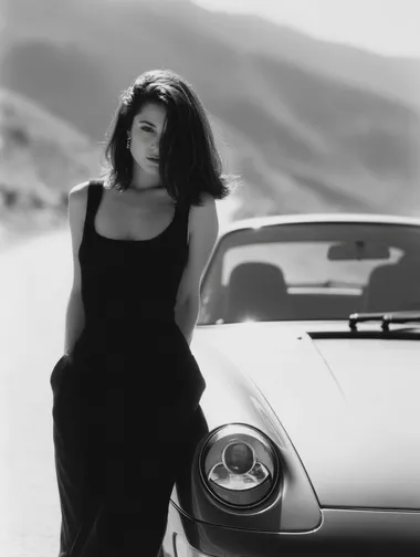 by herb ritts, same girl, leaning against porsche 911  --raw