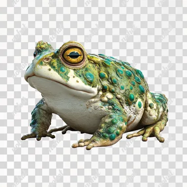 cute green toad, pixaranimated style, side view. completely white background. high resolution.