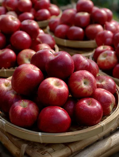 A bunch of big and full red apples are piled up in bamboo baskets, the skin of the apples has a natural luster and looks fresh and juicy.   7d8fz2q