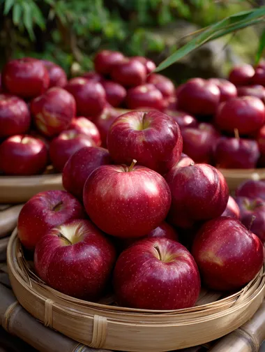 A bunch of big and full red apples are piled up in bamboo baskets, the skin of the apples has a natural luster and looks fresh and juicy.   7d8fz2q