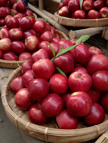 A bunch of big and full red apples are piled up in bamboo baskets, the skin of the apples has a natural luster and looks fresh and juicy.   7d8fz2q