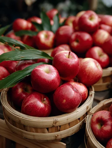 A bunch of big and full red apples are piled up in bamboo baskets, the skin of the apples has a natural luster and looks fresh and juicy.   7d8fz2q
