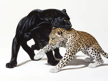 Create a realistic white space painting of a black panther and a leopard playing together, their powerful and graceful forms highlighted against a stark white background. The black panther, with sleek, glossy fur and piercing golden eyes, exudes strength and dominance, while the leopard, with a spotted coat and emerald green eyes, radiates elegance and curiosity. The animals are captured in a moment of playful interaction, their bodies intertwined as they chase and nuzzle each other. Deep shadows cast by their forms add depth and dimension to the scene, creating a dramatic contrast with the white space. The absence of any background or distractions allows the viewer to focus entirely on the intricate details of their fur, the intensity of their gazes, and the interplay of light and shadow on their bodies. The composition is dynamic and harmonious, with the animals' movements suggesting a moment of joy and connection. The white space amplifies their presence, creating a sense of timelessness and purity. The painting should capture the essence of their natural beauty and bond, blending hyper-realism with a minimalist artistic touch to create a bold and evocative piece.