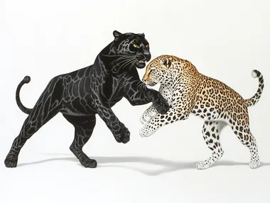 Create a realistic white space painting of a black panther and a leopard playing together, their powerful and graceful forms highlighted against a stark white background. The black panther, with sleek, glossy fur and piercing golden eyes, exudes strength and dominance, while the leopard, with a spotted coat and emerald green eyes, radiates elegance and curiosity. The animals are captured in a moment of playful interaction, their bodies intertwined as they chase and nuzzle each other. Deep shadows cast by their forms add depth and dimension to the scene, creating a dramatic contrast with the white space. The absence of any background or distractions allows the viewer to focus entirely on the intricate details of their fur, the intensity of their gazes, and the interplay of light and shadow on their bodies. The composition is dynamic and harmonious, with the animals' movements suggesting a moment of joy and connection. The white space amplifies their presence, creating a sense of timelessness and purity. The painting should capture the essence of their natural beauty and bond, blending hyper-realism with a minimalist artistic touch to create a bold and evocative piece.