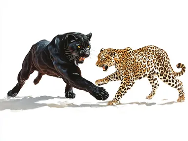 Create a realistic white space painting of a black panther and a leopard playing together, their powerful and graceful forms highlighted against a stark white background. The black panther, with sleek, glossy fur and piercing golden eyes, exudes strength and dominance, while the leopard, with a spotted coat and emerald green eyes, radiates elegance and curiosity. The animals are captured in a moment of playful interaction, their bodies intertwined as they chase and nuzzle each other. Deep shadows cast by their forms add depth and dimension to the scene, creating a dramatic contrast with the white space. The absence of any background or distractions allows the viewer to focus entirely on the intricate details of their fur, the intensity of their gazes, and the interplay of light and shadow on their bodies. The composition is dynamic and harmonious, with the animals' movements suggesting a moment of joy and connection. The white space amplifies their presence, creating a sense of timelessness and purity. The painting should capture the essence of their natural beauty and bond, blending hyper-realism with a minimalist artistic touch to create a bold and evocative piece.