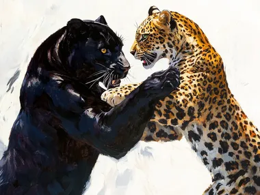 Create a realistic white space painting of a black panther and a leopard playing together, their powerful and graceful forms highlighted against a stark white background. The black panther, with sleek, glossy fur and piercing golden eyes, exudes strength and dominance, while the leopard, with a spotted coat and emerald green eyes, radiates elegance and curiosity. The animals are captured in a moment of playful interaction, their bodies intertwined as they chase and nuzzle each other. Deep shadows cast by their forms add depth and dimension to the scene, creating a dramatic contrast with the white space. The absence of any background or distractions allows the viewer to focus entirely on the intricate details of their fur, the intensity of their gazes, and the interplay of light and shadow on their bodies. The composition is dynamic and harmonious, with the animals' movements suggesting a moment of joy and connection. The white space amplifies their presence, creating a sense of timelessness and purity. The painting should capture the essence of their natural beauty and bond, blending hyper-realism with a minimalist artistic touch to create a bold and evocative piece.