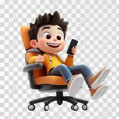 3d render illustration of a boy smiling using phone sitting on an office chair with his legs up on table, in pixar style, white background