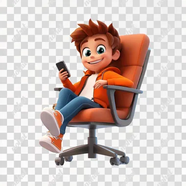 3d render illustration of a boy smiling using phone sitting on an office chair with his legs up on table, in pixar style, white background