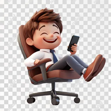 3d render illustration of a boy smiling using phone sitting on an office chair with his legs up on table, in pixar style, white background