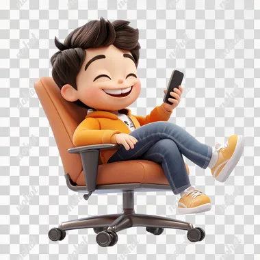 3d render illustration of a boy smiling using phone sitting on an office chair with his legs up on table, in pixar style, white background