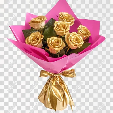 gold rose bouquet, hot pink wrapping paper, white background