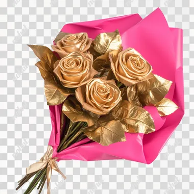 gold rose bouquet, hot pink wrapping paper, white background
