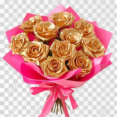 gold rose bouquet, hot pink wrapping paper, white background