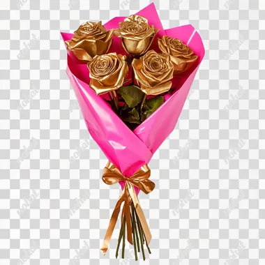 gold rose bouquet, hot pink wrapping paper, white background