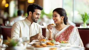 An elite bangladeshi couple average age 30, sitting in a luxuty restaurant and eating lunch, the man is wearing light colour panjabi and the women is wearing white and red boishakhi saree, background luxury restaurant