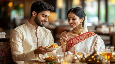 An elite bangladeshi couple average age 30, sitting in a luxuty restaurant and eating lunch, the man is wearing light colour panjabi and the women is wearing white and red boishakhi saree, background luxury restaurant