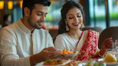 An elite bangladeshi couple average age 30, sitting in a luxuty restaurant and eating lunch, the man is wearing light colour panjabi and the women is wearing white and red boishakhi saree, background luxury restaurant