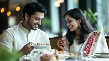 An elite bangladeshi couple average age 30, sitting in a luxuty restaurant and eating lunch, the man is wearing light colour panjabi and the women is wearing white and red boishakhi saree, background luxury restaurant